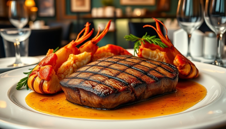 Chateaubriand & Lobster Trio elegantly presented in a fine dining setting.