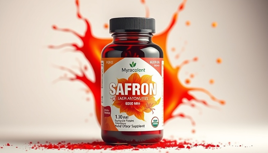 Bright saffron supplement bottle with dynamic color splash background.