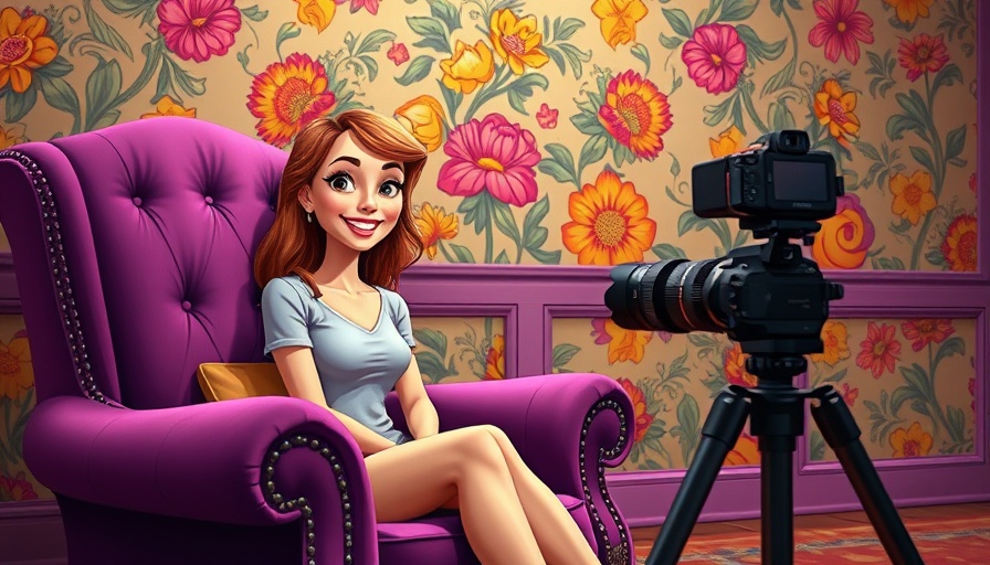 Cartoon woman posing for self-portrait with camera and floral background.