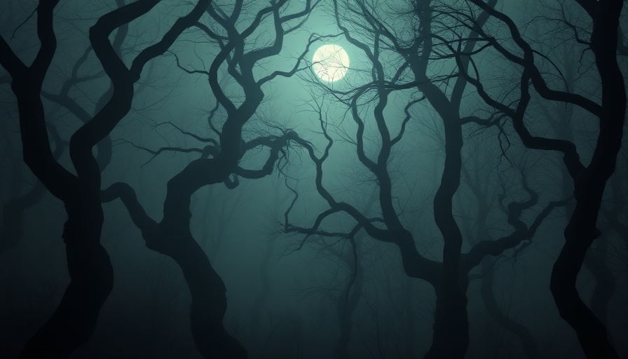 Eerie nightmare forest with twisted trees and haunting mist.