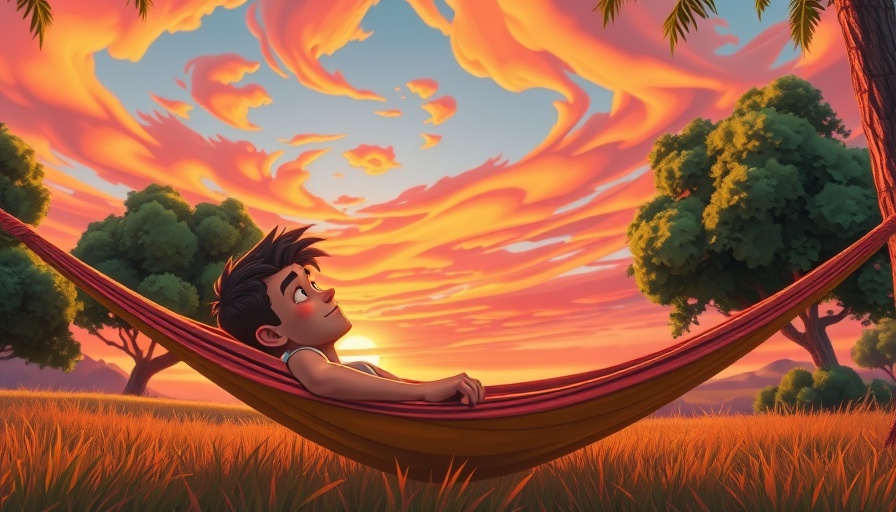 Relaxing in a hammock under a sunset in a cartoon style.