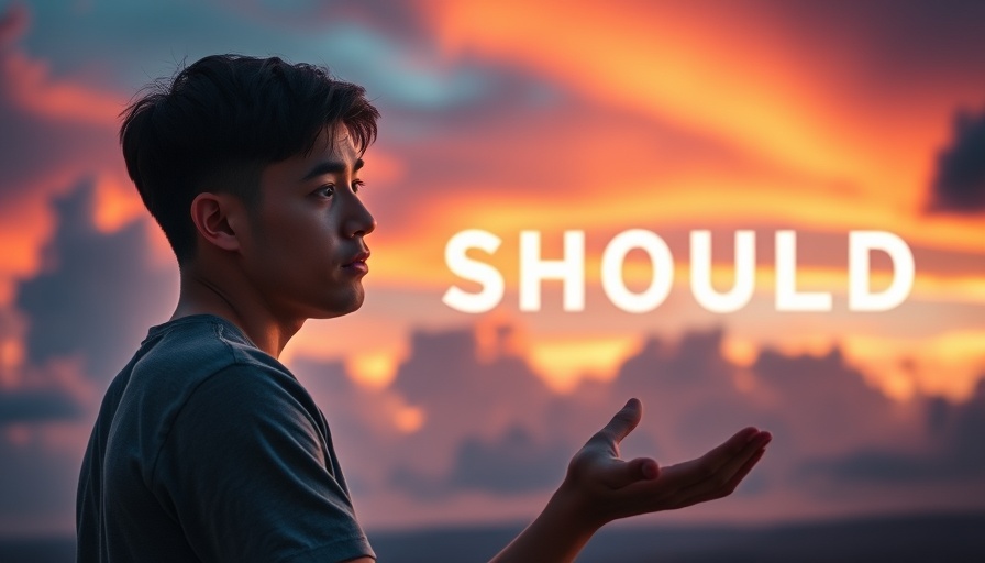 Contemplative young man at sunset, holding glowing word 'SHOULD'.