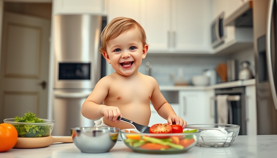 Cute toddler cooking in a kitchen, exploring creativity.