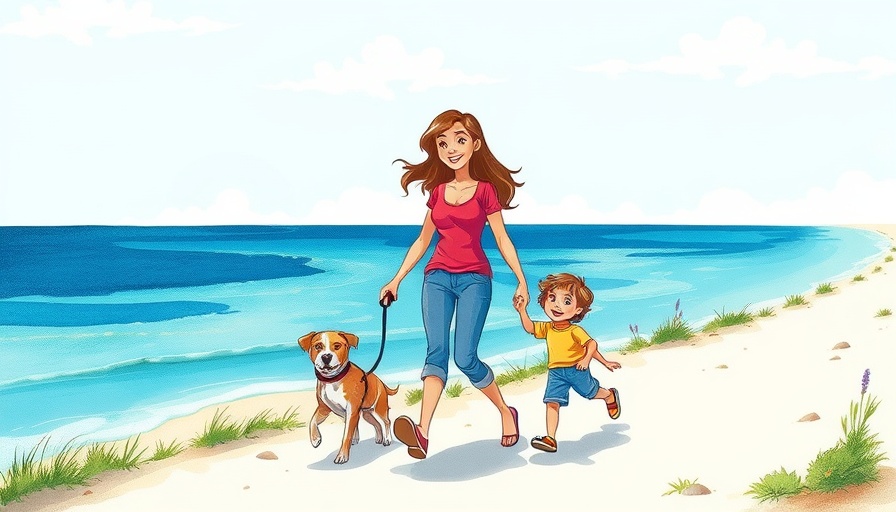 Ruth Chan Different Days comic: Mother and child, dog walking by the ocean.