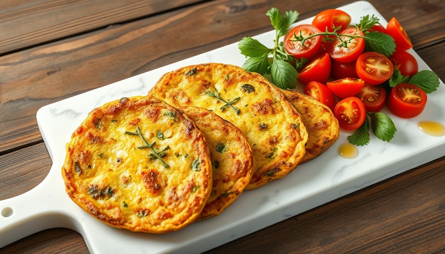 Zucchini frittata with tomato salad on a wooden board.