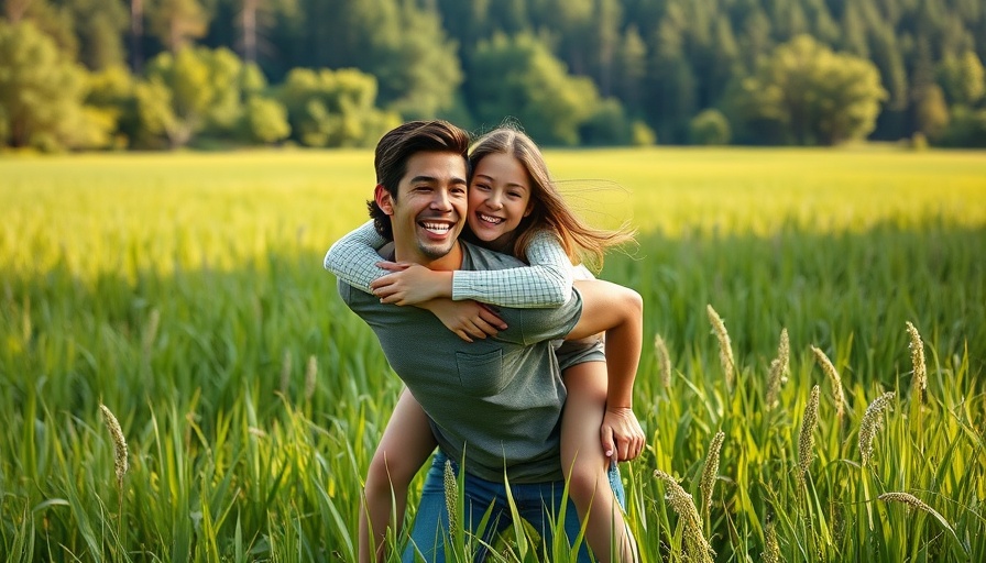 Young couple enjoying playful piggyback ride in lush green field, promoting relationship feedback loops improve mental health