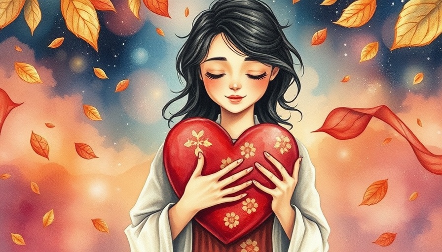 Whimsical woman embracing a heart for self-love and emotional wellness.