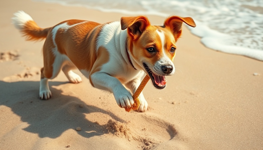 Playful dog on beach enjoying Weekend Wellness with toy.