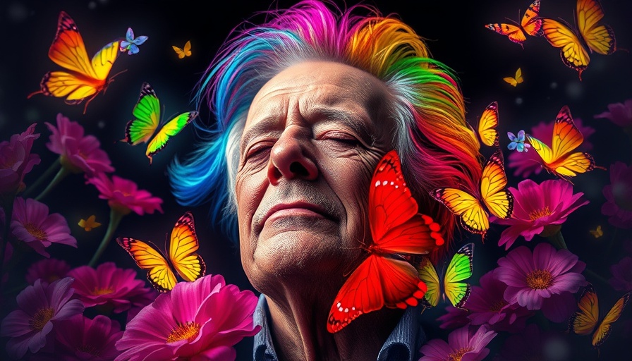 Serene older man with colorful butterflies and flowers symbolizing freedom from resentment.
