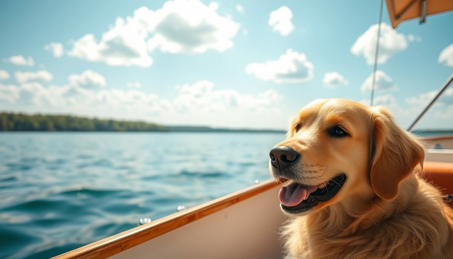 Content golden retriever enjoying a serene boat ride, weekend adventures promote well-being.