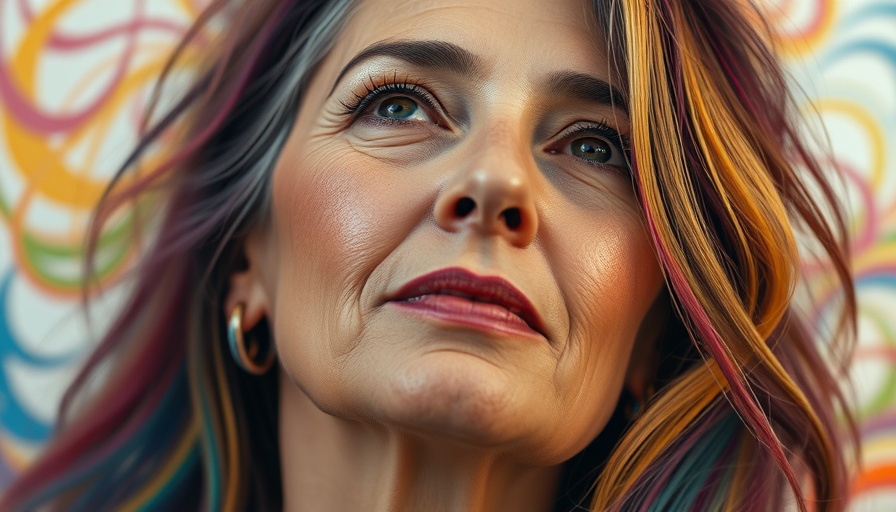 Serene mature woman embracing her identity with rainbow colors.
