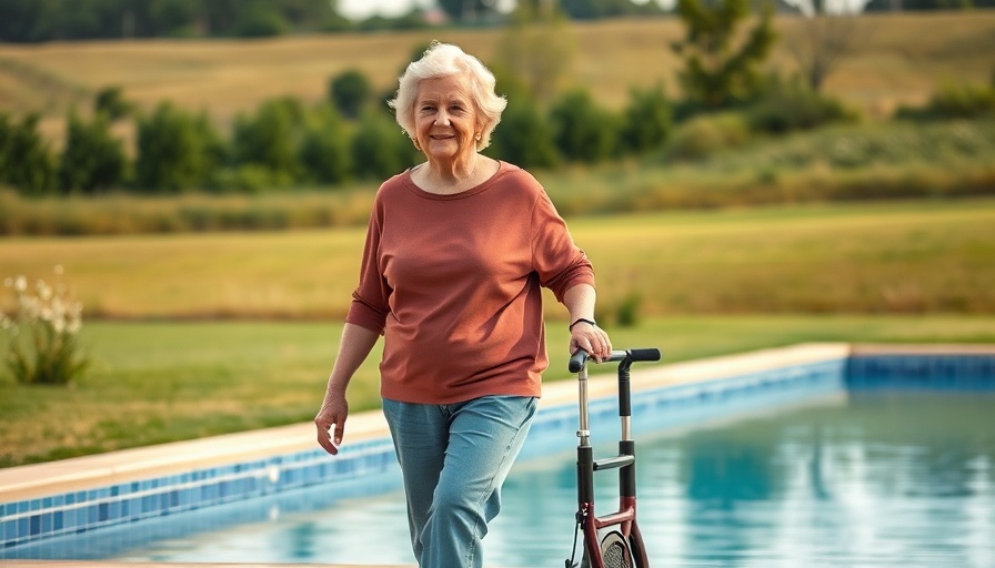 Elderly woman walking with aid by pool, embracing wellness beyond mobility limits.
