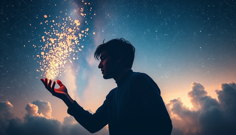 Surreal silhouette with particles under a starry sky evoking micro-faith benefits.
