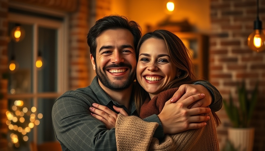 Joyful couple smiling warmly in a cozy indoor setting, joy span.