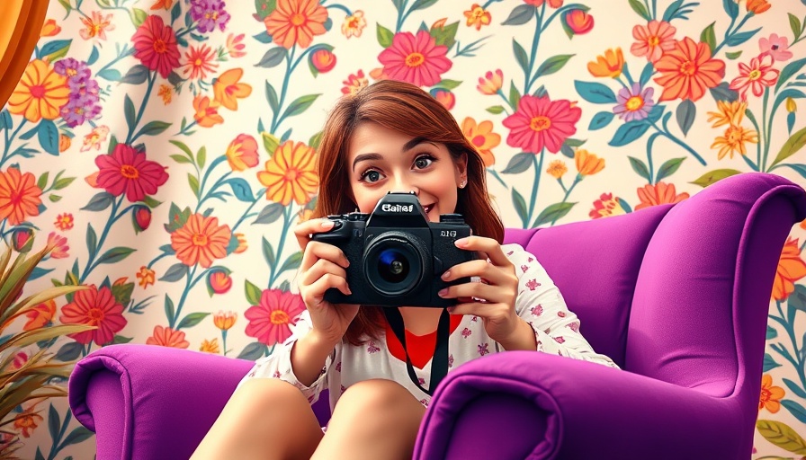 Cartoon woman in armchair setting up camera for self-portrait therapy.