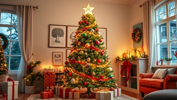 Festive Christmas tree with ornaments and star, cozy room.