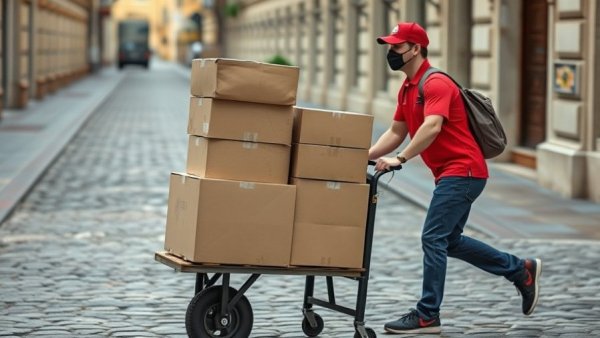 Courier pushing a hand truck with boxes, suggesting delivery delays.