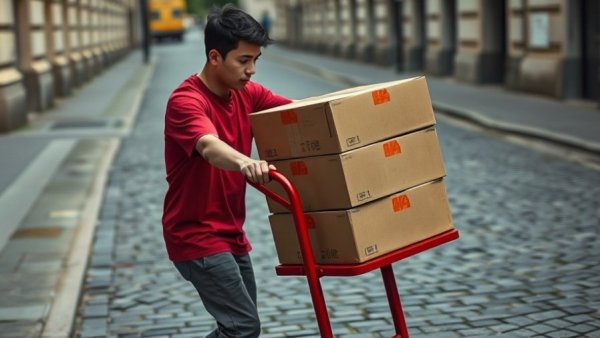 Postal worker handling packages on street, highlighting postal delivery delays.