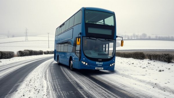 Blue bus on icy rural road highlighting rural road safety.