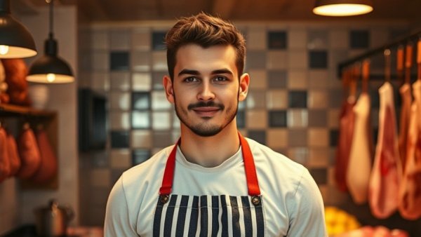 Local butcher in Armagh wearing apron in shop.