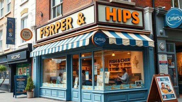 Traditional fish and chips shop storefront in Armagh with signage.