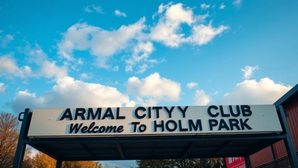 Entrance sign at Holm Park for Armagh City Football Club in bright sky
