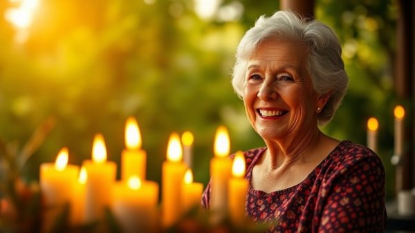 Evelyn Beattie tribute with warm candlelight and smiling portrait.