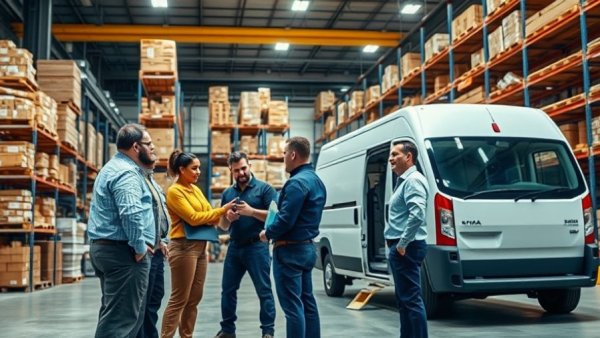 Professionals discuss sustainable investments in a warehouse. Biomass investment concerns highlighted.