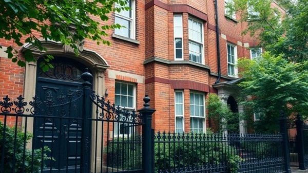 Mall apartments approval: brick building with iron gate and greenery.