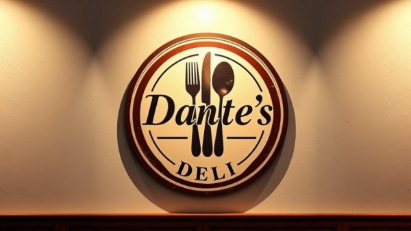 Vintage-style logo of Dante's Deli with cutlery silhouette.