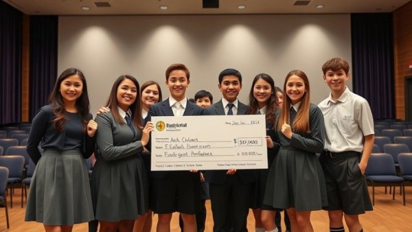 Students secure funding for charities, presenting large check on stage.