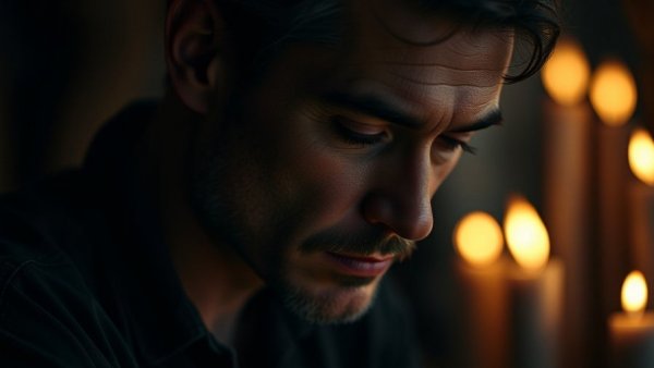 Thoughtful hero school bus driver with candles in the background.