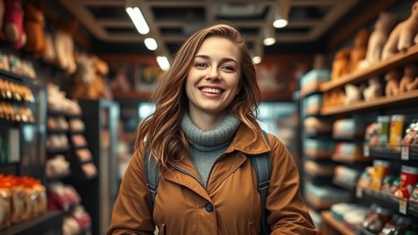 Cheerful young woman in independent pet shop closing, smiling warmly inside.