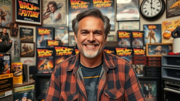 Man with vintage film collectibles in casual room.