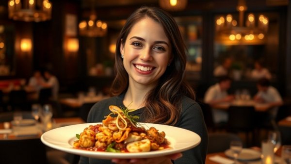 Young woman enjoying ABC Restaurant Week offers, holding food plate.