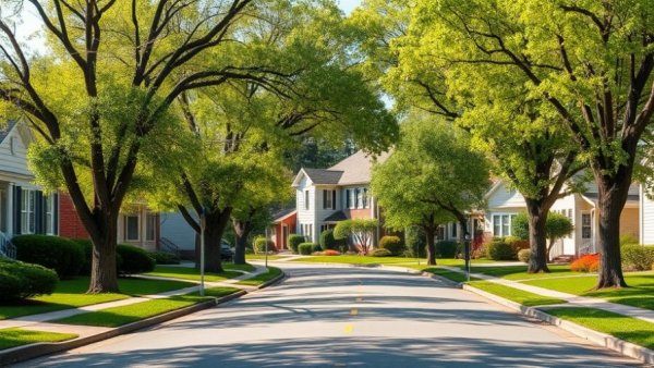 Craigavon protest site, suburban street view with trees and road.
