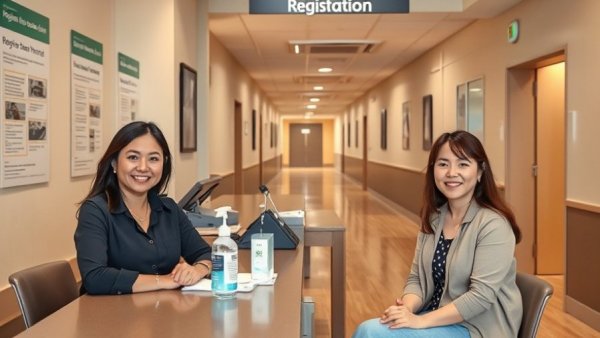 Friendly registration desk setup highlighting mealtime safety for residents with swallowing difficulties.