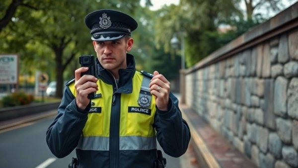 Police officer using a speed radar on a clear street day.
