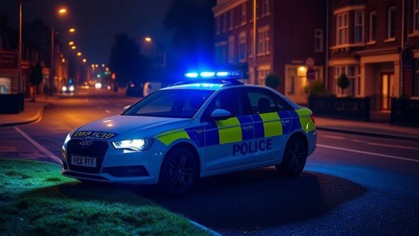 Police car on dimly lit street at night.