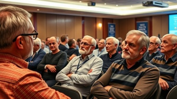 Men’s health support conference with older male attendees.