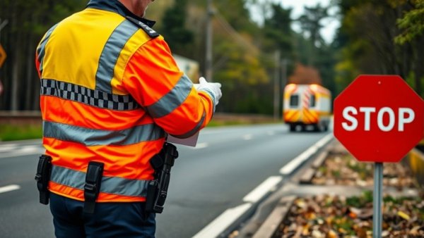Police officer managing road safety at accident scene.