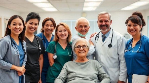 Healthcare team and patient in cardiac rehab facility smiling, cardiac rehab after heart attack.