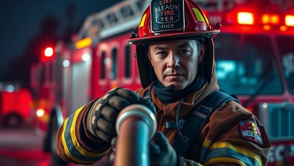 Firefighter battling a blaze at night with fire truck in background.
