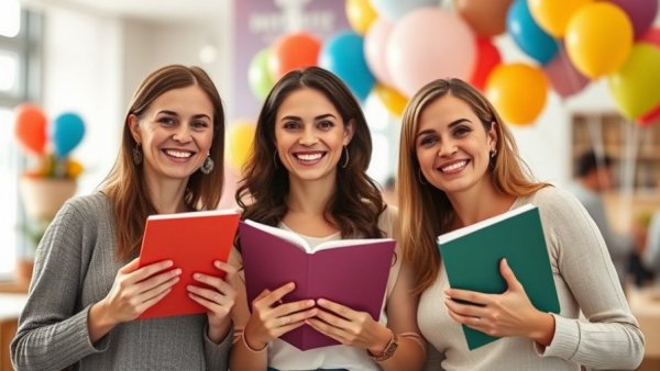 Three women celebrating with booklets and balloons, related to health and wellbeing framework 2025-2030.