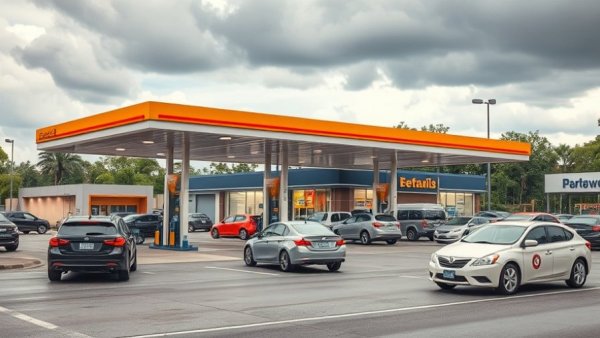 Portadown petrol station with cars against overcast sky.
