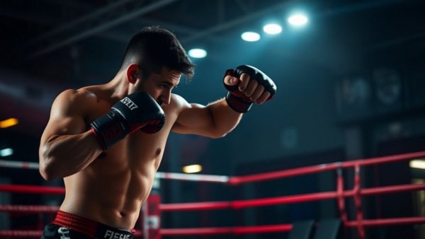 Athlete in combat conditioning workout at gym with dramatic lighting.