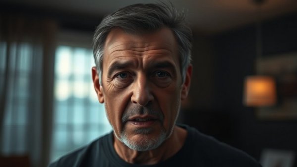 Middle-aged man expressing emotions, Motor Neurone Disease hardship context.