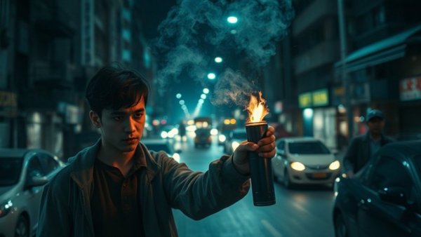 Armagh nighttime scene of man with petrol bomb and busy street.