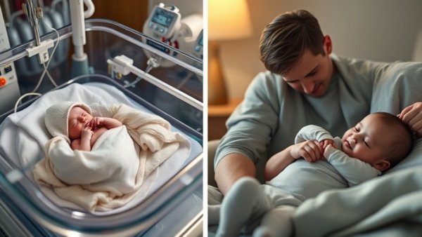 Comparison of newborn in incubator and healthy baby, highlighting neonatal care impact.