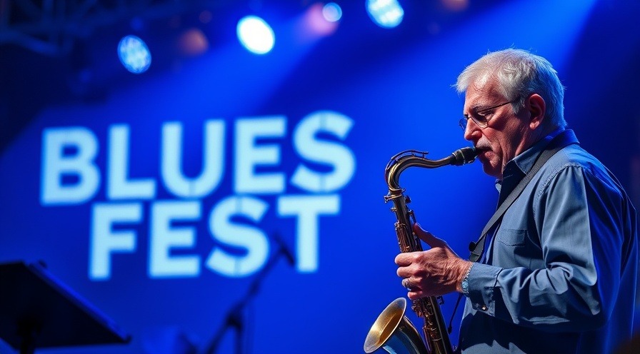 Man playing saxophone at the blues fest in vibrant blue text.